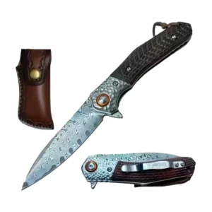 Approved 4” 10-TK1TQZ-WD damascus blade knife wood handle with leather pouch Wholesale