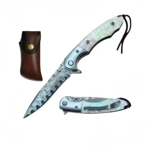 Approved 4” 10-TK1TQQ-ST damascus blade knife pearl handle with leather pouch Dealer Program