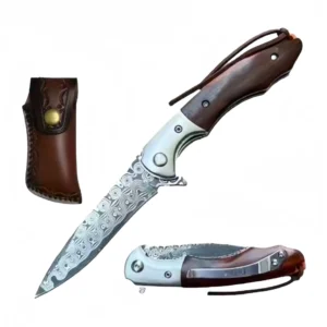 Approved 4” 10-TK1TQU-WD damascus blade knife wood handle with leather pouch Wholesale
