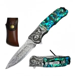Approved 4” 10-TK1TR0-ST damascus blade knife abalone handle with leather pouch Wholesale