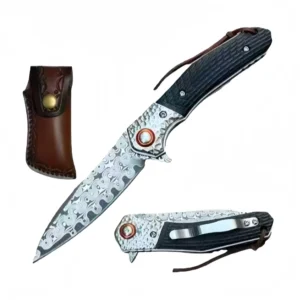 Approved 4” 10-TK1TQW-BK damascus blade knife black wood handle with leather pouch Wholesale