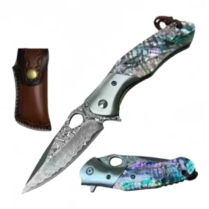 Approved 4.5” 10-B009ABdamascus blade knife abalone handle with leather pouch Wholesale
